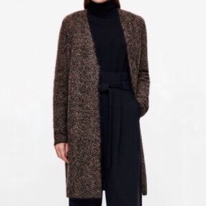 COS Brown Mohair Wool Chevron Herringbone Open Long Oversized Cardigan Small